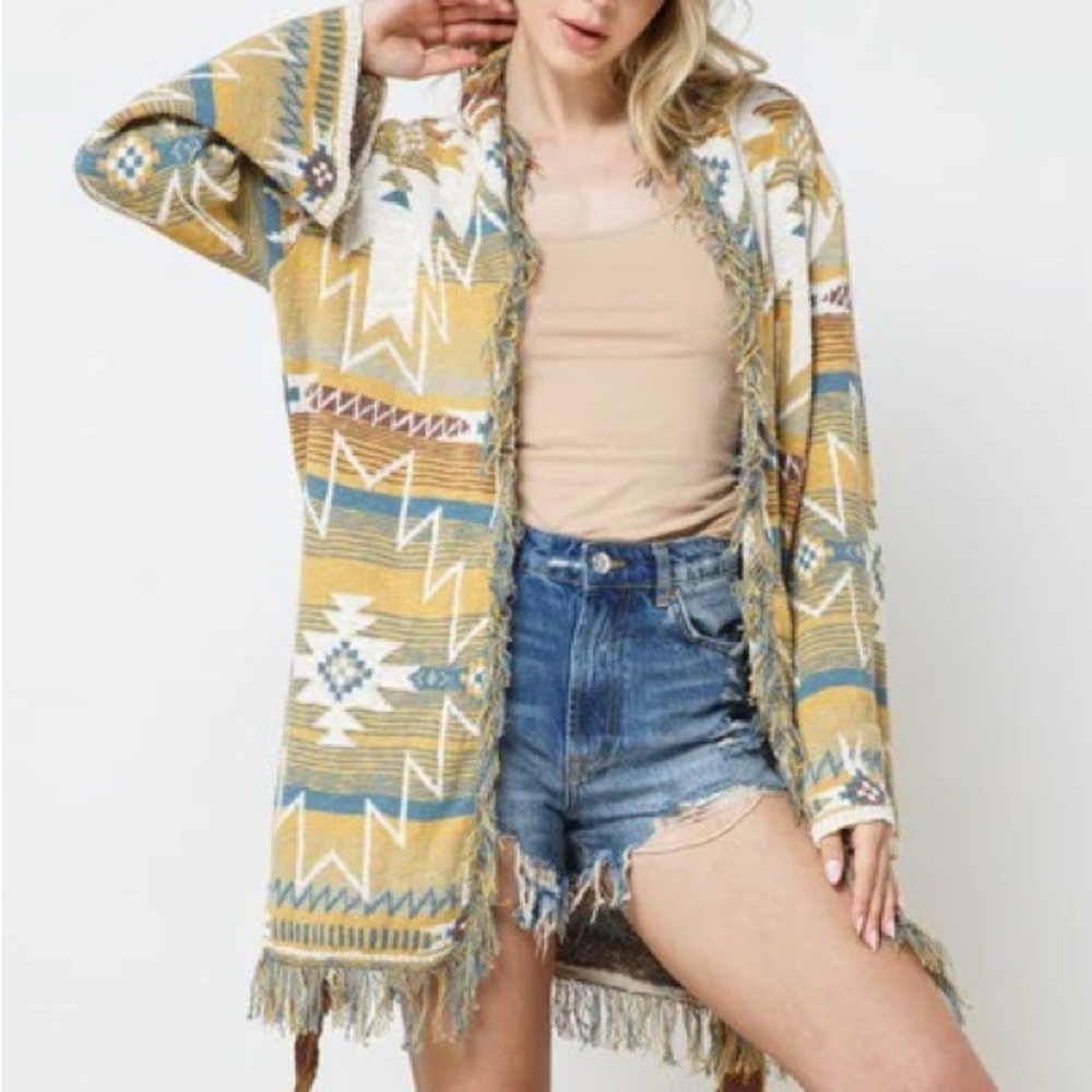 Blue B Collection L Southwestern Patterned Cardigan Fringe Aztec Gold Teal Blue